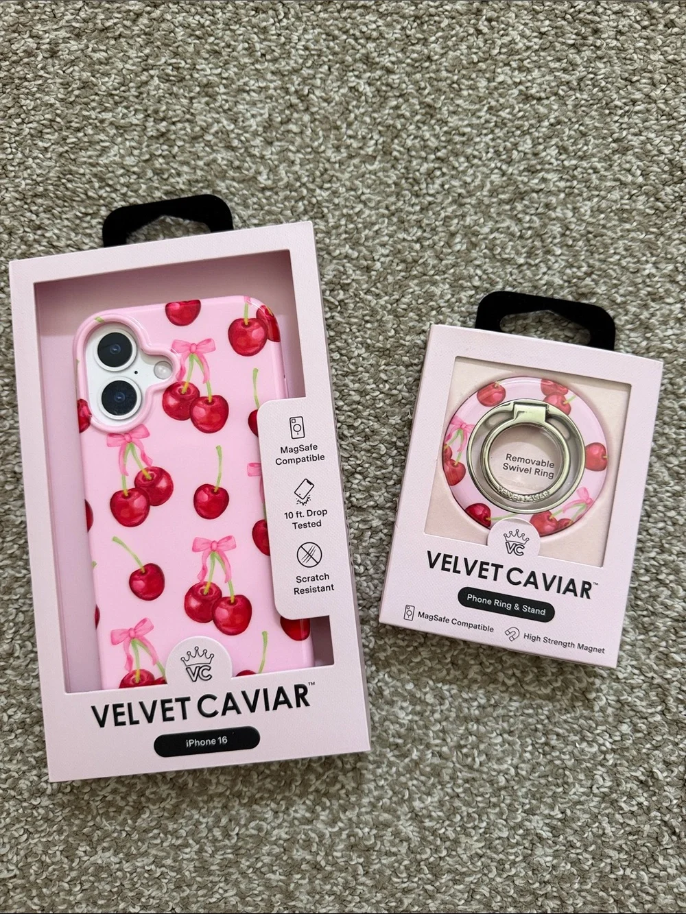 Velvet Caviar Pink Cherry iPhone 16 Case with Matching Ring Stand